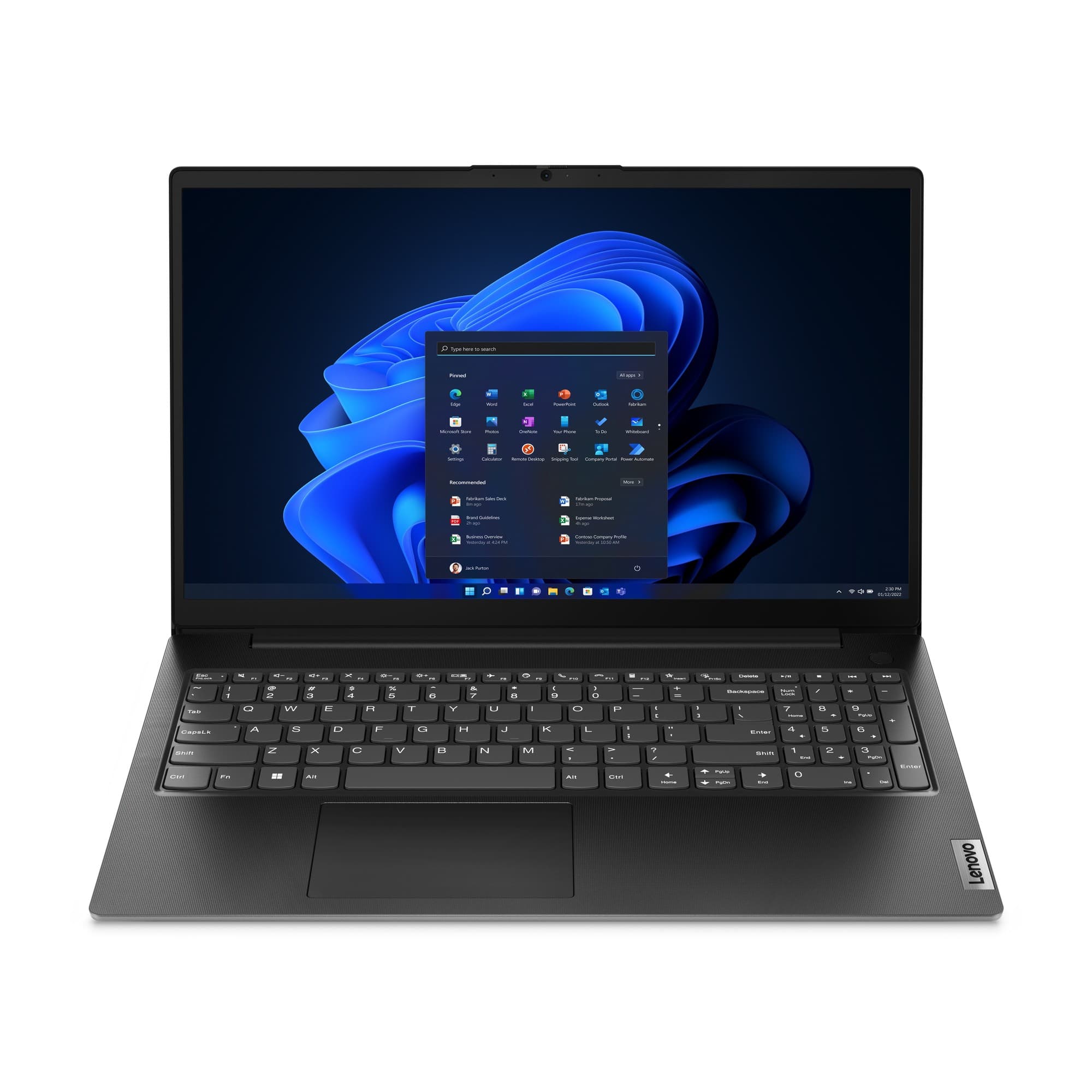 Lenovo V15 G4 AMN laptop features a sleek black design, a 15.6-inch display, and a full keyboard, showcasing Windows 11 on the screen.