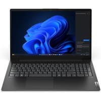 Black Lenovo V15 G5 IRL laptop, 15.6-inch display, Intel Core i7, sleek design, full keyboard, Windows interface visible.