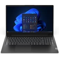 Black Lenovo V15 G6 laptop with 15.6" screen, numeric keypad, and Windows interface displayed.