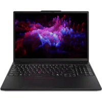 Black Lenovo P16v laptop with 16-inch display, backlit keyboard, and vibrant screen showing colorful abstract graphics.