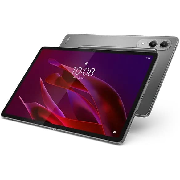 Lenovo Yoga Tab in silver with a sleek design, featuring a vibrant 11.1-inch display, dual rear cameras, and a stylus, showcasing its premium build and modern aesthetics.