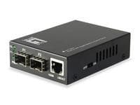 LevelOne RJ45 to SFP Gigabit Media Converter Switch in black metal housing, featuring 2 SFP ports and 1 RJ45 port, with ventilation slots on the side for cooling.