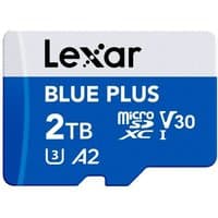 Blue and white Lexar 256GB microSDXC card with UHS-I, 633x speed, V30, A2, and microSD logos.