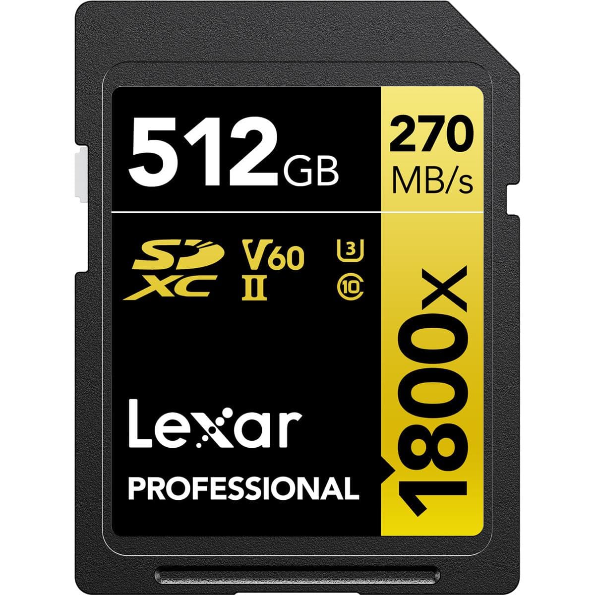 Lexar Professional 1800x SDXC card in black and yellow, featuring 512 GB capacity, UHS-II, Class 10, with speed up to 270 MB/s and V60 rating.