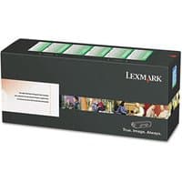 Black Lexmark toner cartridge box with yellow label, colorful images, and Lexmark logo on the side.