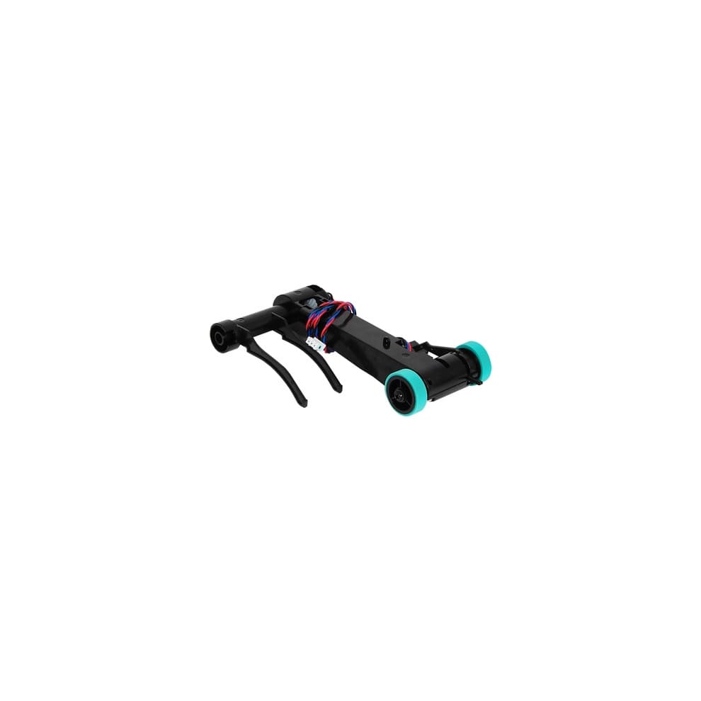 Black plastic Lexmark MX61X drive pickarm with turquoise wheels and wires, designed for printer functionality, featuring two extended arms for precise movement.
