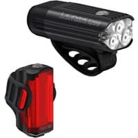 Black Lezyne Radar React System with front LED light and rear red light, both with adjustable mounts.