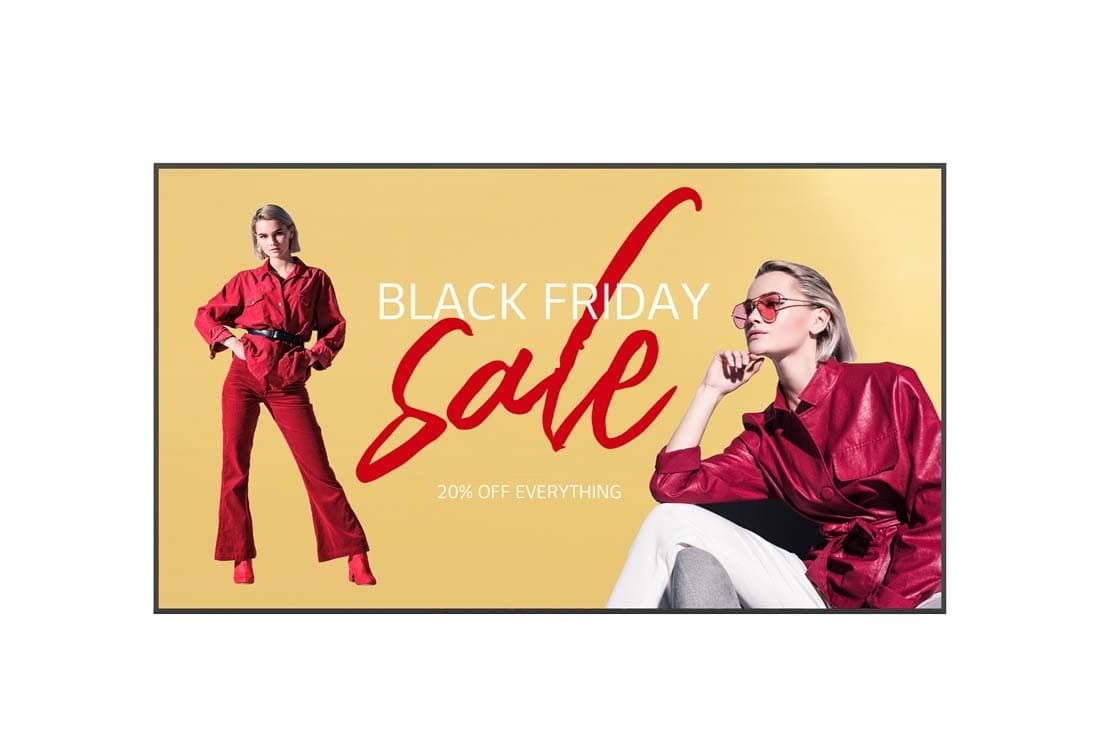 LG 110UM5K digital signage display features a sleek flat panel design, showcasing a vibrant promotional advertisement with bold red text on a yellow background.