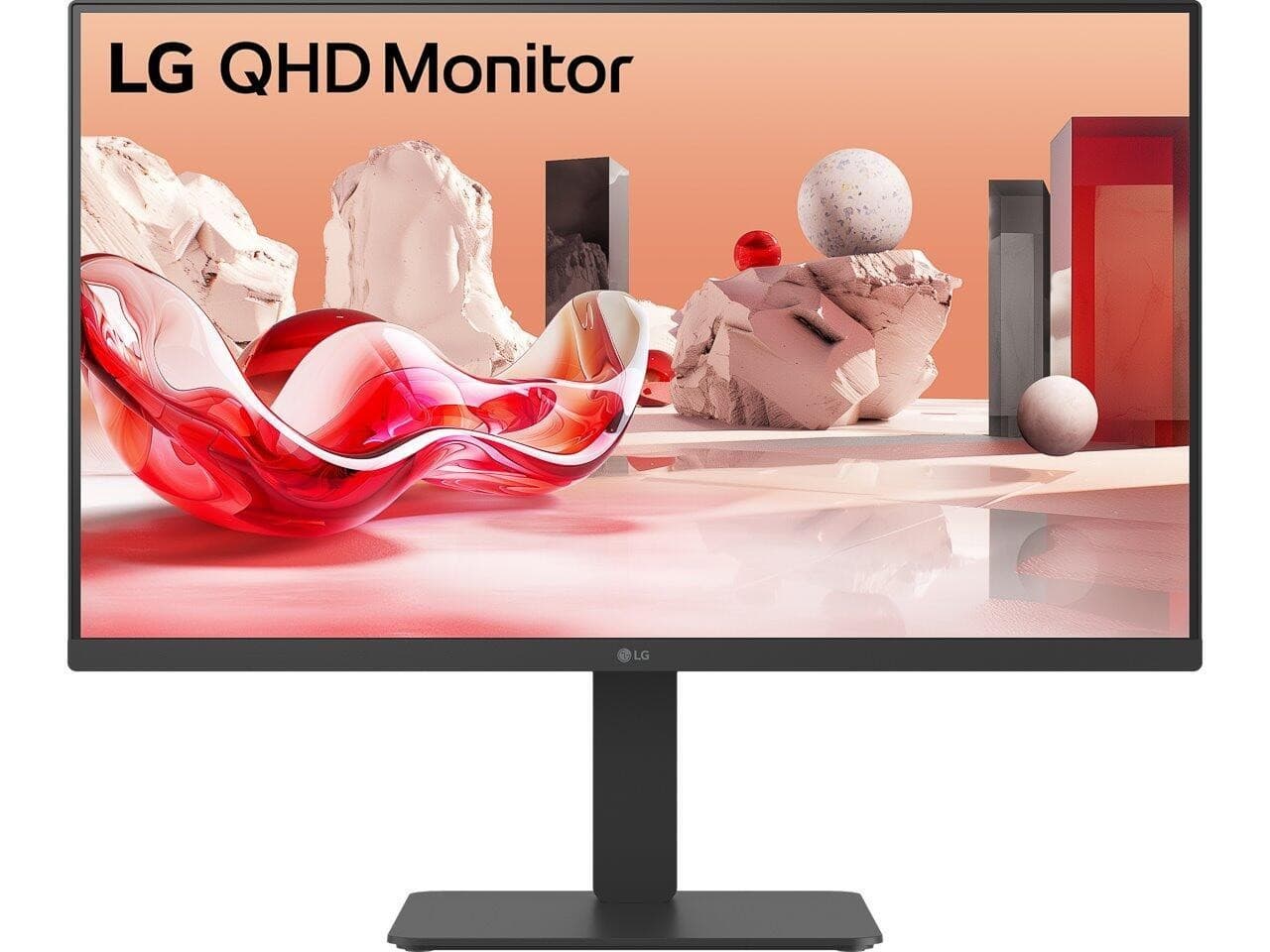 LG 27BA54QB-B.AEU QHD monitor features a sleek black frame, a sturdy stand, and a vibrant display showcasing abstract art with red and neutral tones, highlighting its 2560 x 1440 resolution.