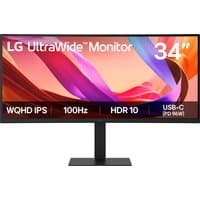 LG 34" IPS Ultrawide QHD Monitor with slim black bezel, stand, and vibrant display showing colorful graphics