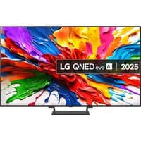 65-inch LG QNED Smart TV with vibrant splash of colors on screen, slim black bezel, and central stand.
