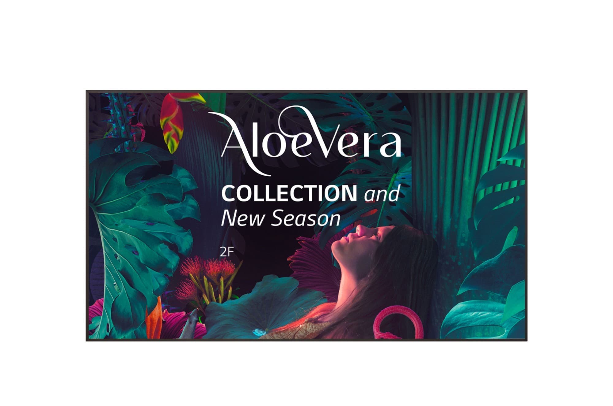 LG 75UH5N-M digital signage display features a sleek black flat panel with vibrant colors showcasing a tropical-themed advertisement for Aloe Vera.