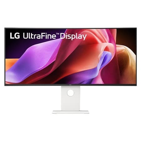 40-inch white curved UltraWide LCD monitor by LG, featuring a sleek design, vibrant display with rich colors, and a modern silver stand.
