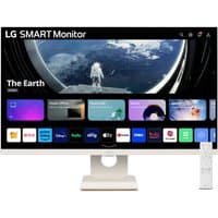 LG SMART Monitor 27U511SA-W, white frame, 27-inch display, remote control, streaming apps on screen.
