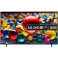 LG UHD AI 75-inch 4K Ultra HD Smart TV with thin bezel, vibrant display showing colorful spheres, and Wi-Fi connectivity.