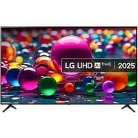 LG UHD AI 75-inch 4K Ultra HD Smart TV with thin black bezel, colorful display, and dual stand feet.