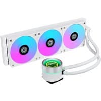 White Lian Li GA II Trinity liquid cooler with three RGB fans and sleek cylindrical pump.