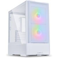 White Lian Li Lancool 207 midi tower with tempered glass panel and dual front RGB fans.