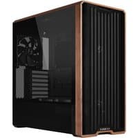 Black Lian Li Lancool LAN217X midi tower case with wood accents, mesh front panel, and side cooling fan.