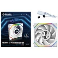 White Lian Li UNI FAN SL Wireless LCD 120mm with RGB lighting and central LCD screen, includes connecting cables.
