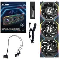 Black Lian Li UNI FAN SL Wireless LCD 120 Reverse Blade set with three fans, RGB lighting, and cables.