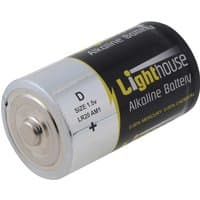 Lighthouse LR20 D Alkaline Battery, silver and black casing with yellow accents, labeled 1.5V Extra Long Life.