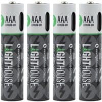 Four black and green Lighthouse USB-C rechargeable Li-ion AAA batteries with bold white branding.