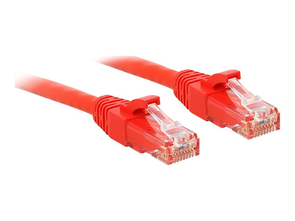 Red 0.3m Cat.6 U/UTP network cable featuring clear plastic connectors with locking tabs on both ends for secure connections.