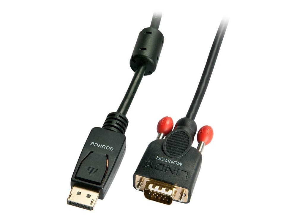 Black 0.50m VGA to DisplayPort cable featuring a 9-pin plug on one end and a DisplayPort connector on the other, with red and black detailing on the VGA side.