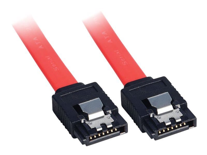 Red 0.5m SATA cable with black connectors, featuring a sleek design and gold-plated pins for reliable data transfer.