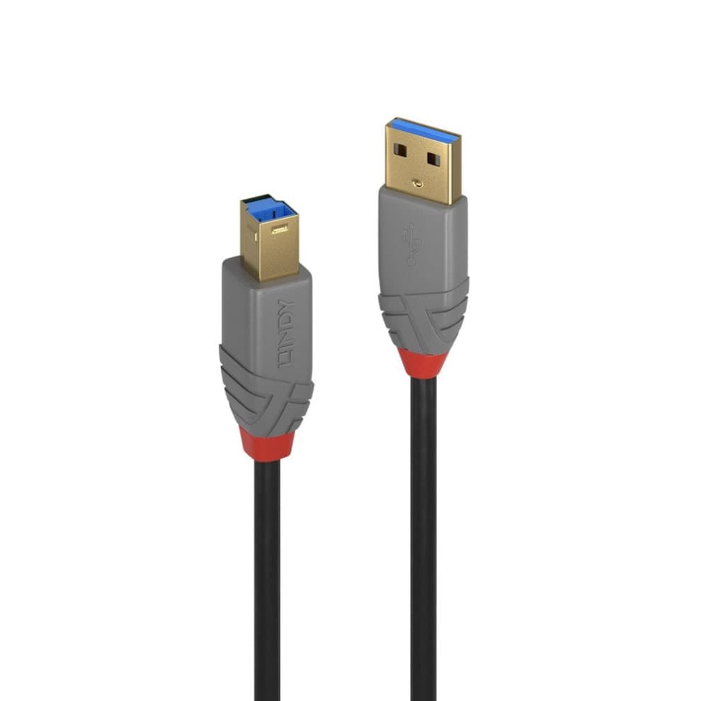 Lindy 36740 0.5m USB 3.2 Type A to B cable in black with anthracite accents, featuring gold connectors and a flexible design for high-speed data transfer up to 5Gbps.