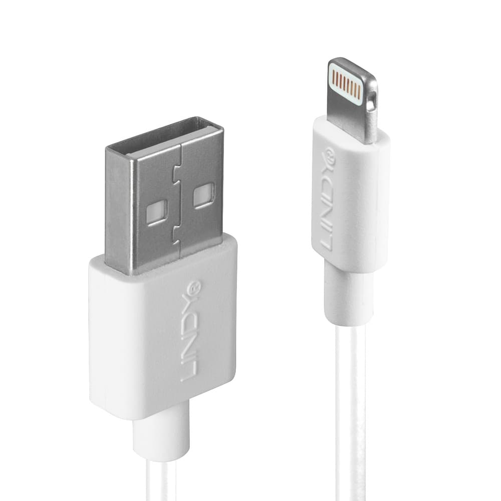 White USB 2.0 cable, 0.5m long, featuring a USB-A connector on one end and a Lightning connector on the other, with a sleek, flexible design and a metallic connector finish.