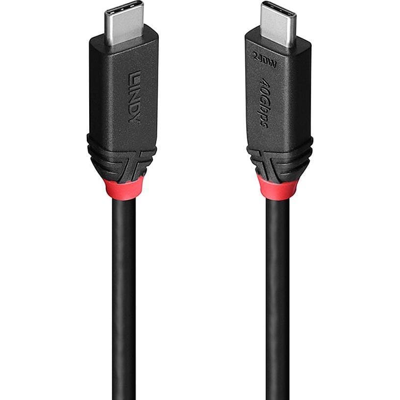 Black 0.5m USB4 Type C cable by Lindy with red accents, featuring robust connectors and a sleek design, capable of delivering 240W power and 10Gbps data transfer speeds.
