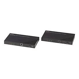 Black metal HDBaseT KVM extender with two units, featuring HDMI, audio, IR, and RS-232 ports, LED indicators, and a sleek, modern design.