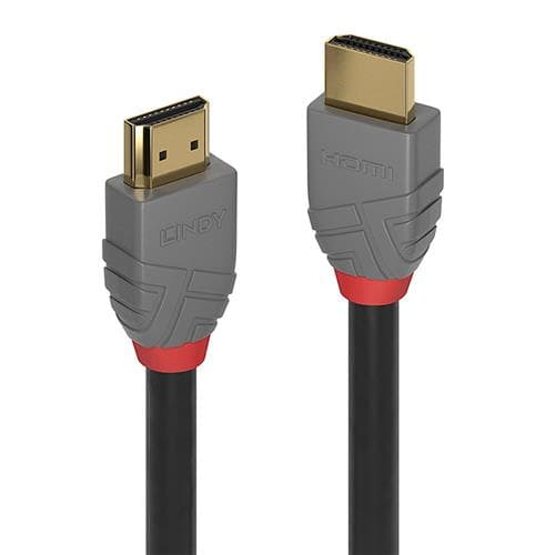 Black and grey HDMI cable measuring 10 meters, featuring gold HDMI-a plugs on both ends, with a textured grip and red accents on the connector housings.