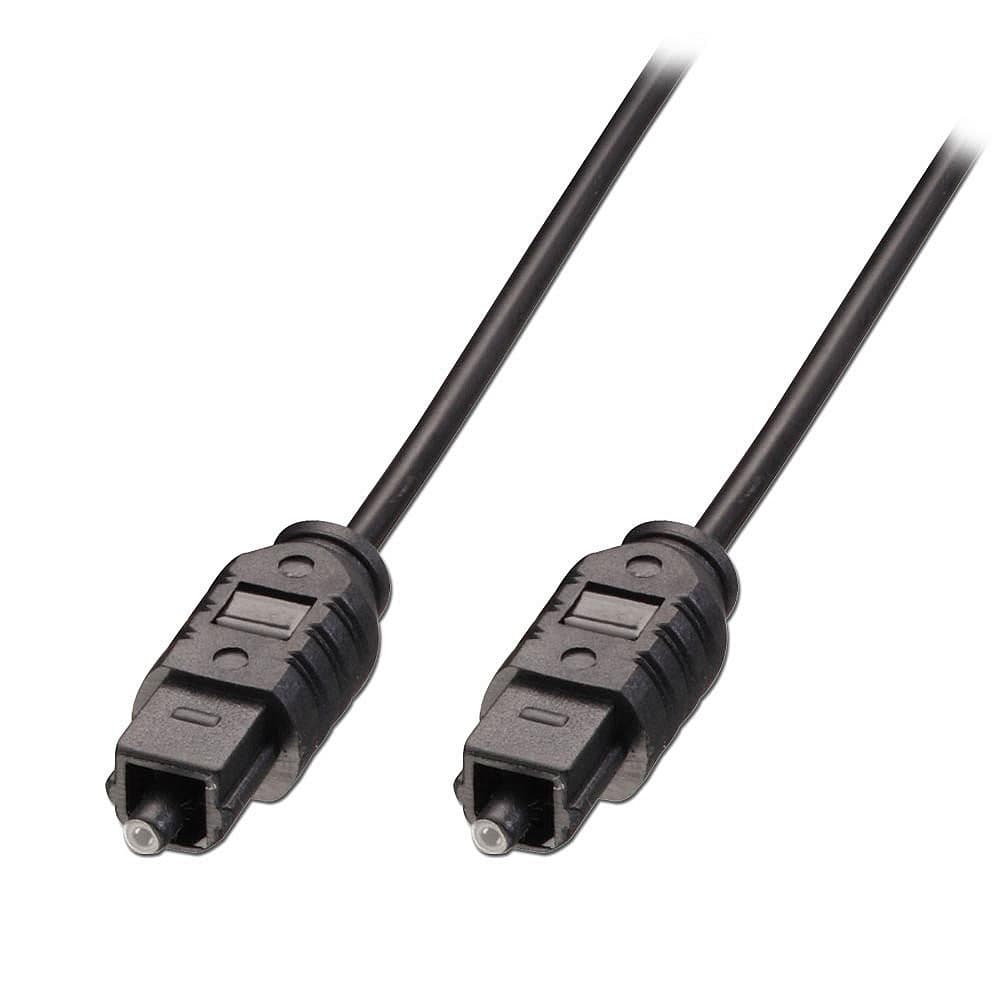 Black 10m TosLink SPDIF digital optical cable with two connectors featuring a rectangular shape and a small circular tip, designed for high-quality audio transmission.