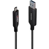 Black Lindy 10m USB 3.2 Gen 1 Type A to C Fibre Optic Hybrid Cable with labeled connectors.
