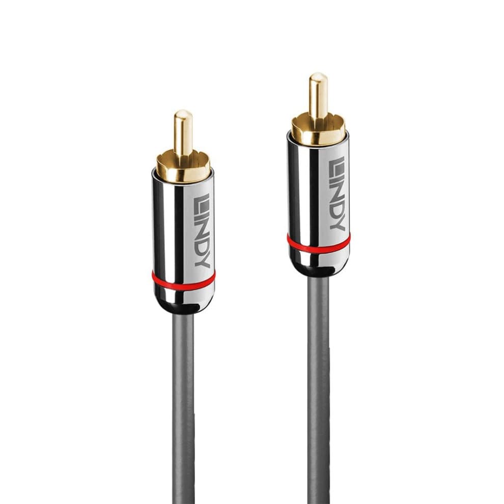 Lindy 1m Digital Phono Audio Cable featuring a sleek black cable with gold-plated connectors and silver accents, designed for high-quality audio transmission.