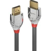 Lindy 1m High Speed HDMI Cable with chrome connectors, gold-plated tips, and red accents on a black cable.