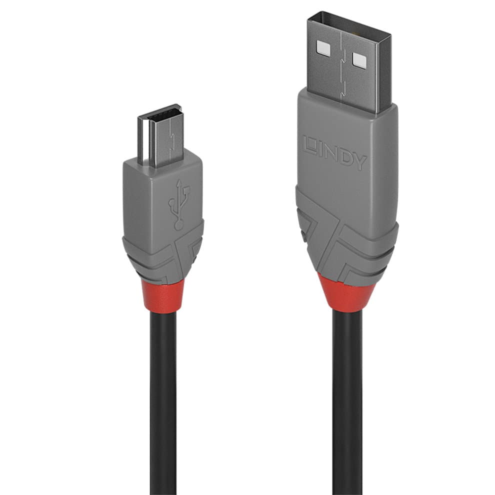 Black and grey 1m USB 2.0 cable with USB-A and Mini-B connectors, featuring a textured grip and red accents on the Mini-B end.