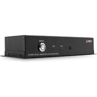 Black Lindy 2 Port Dual Head DisplayPort 1.2 KVM Switch with front button, LED indicators, and Lindy logo.