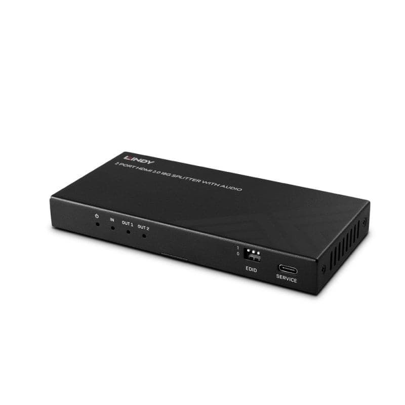 Lindy 2 Port HDMI 8K60 Splitter with Audio in a sleek black design, featuring two HDMI output ports, a USB-C port, and LED indicators for power and service.