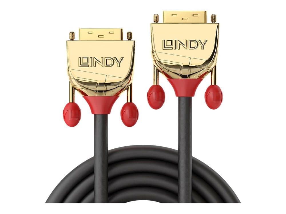Lindy 20m DVI-D Single Link Cable with gold-plated connectors, featuring a black cable and red protective caps on each end.