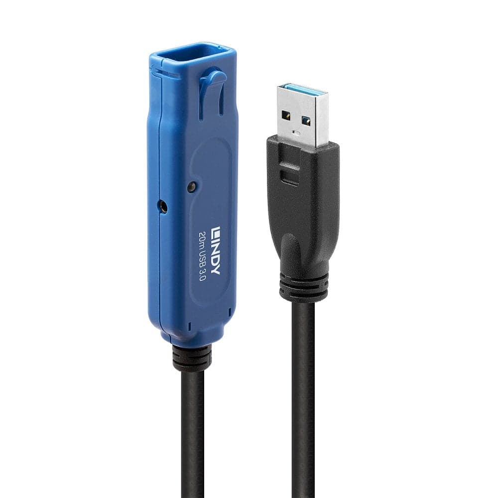 Black USB 3.2 Gen 1 cable with a 20m length, featuring a USB-A plug and a blue socket, designed for high-speed data transfer.