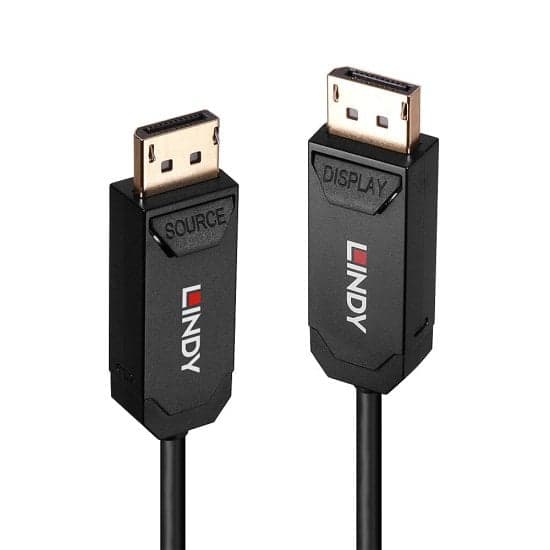 Black 20m DisplayPort cable featuring gold-plated connectors labeled "SOURCE" and "DISPLAY," with a sturdy plastic casing and the Lindy logo prominently displayed.