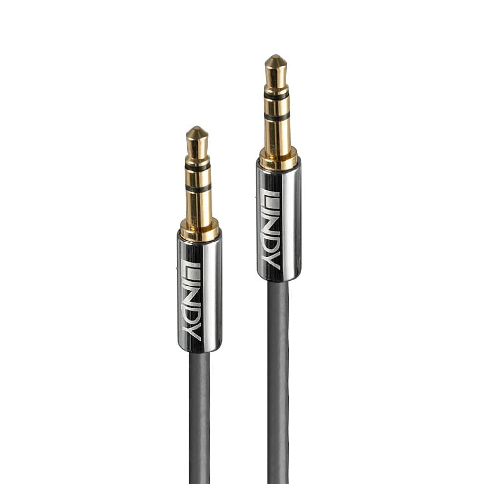 3m Lindy 3.5mm audio cable with a black flexible rubber exterior, featuring gold-plated connectors and silver metal accents with the Lindy logo on each end.