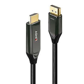 Black 3m DisplayPort to HDMI adapter cable with gold-plated connectors, featuring a durable design and the Lindy logo on the side.