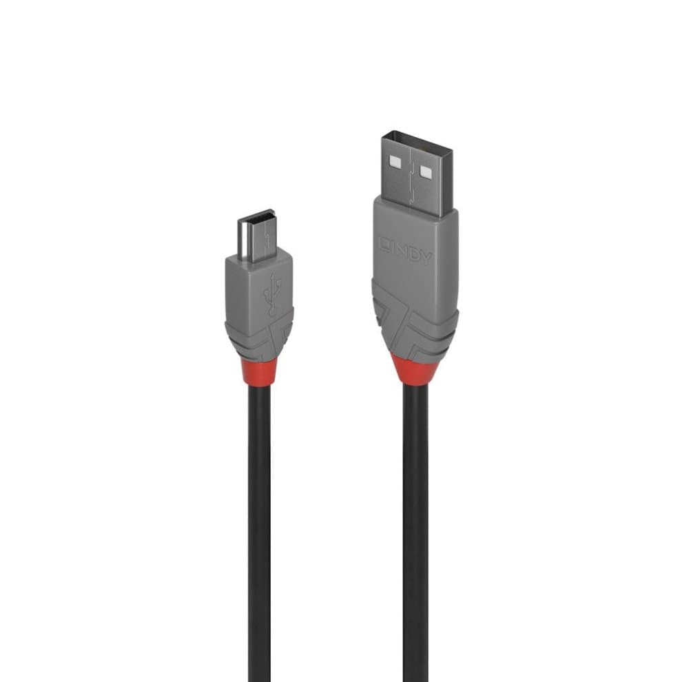 Black USB 2.0 cable, 3m long, featuring a USB-A connector on one end and a USB-Mini-B connector on the other, with grey and red accents on the connectors.