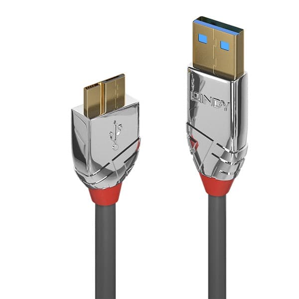 Grey USB 3.2 Gen 1 cable, 3m long, featuring a USB-A connector with a blue insert and a Micro-B 3.0 connector, both with metallic silver and red detailing.