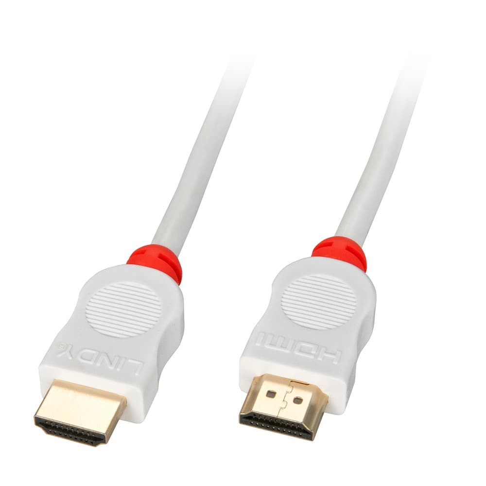 Lindy 41413 HDMI cable, 3 meters long, featuring a white body with red accents, and standard HDMI Type A connectors on both ends.